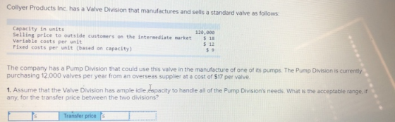 Collyer Products Inc. has a Valve Division that manufactures and sells a standard valve as follows: Capacity in units Selling