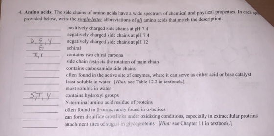 4. Amino acids. The side chains of amino acids have a wide spectrum of chemical and physical properties. In each sp. provided
