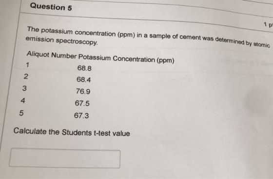 Question 5 1 p The potassium concentration (ppm) in a sample of cement was determined h emission spectroscopy. Aliquot Number