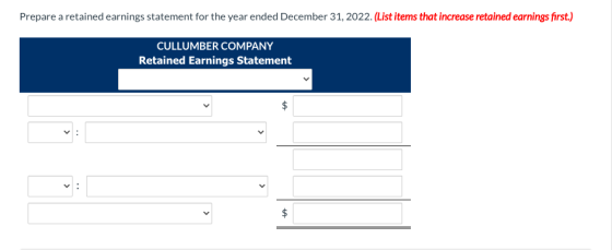Prepare a retained earnings statement for the year ended December 31, 2022. (List items that increase retained earnings first