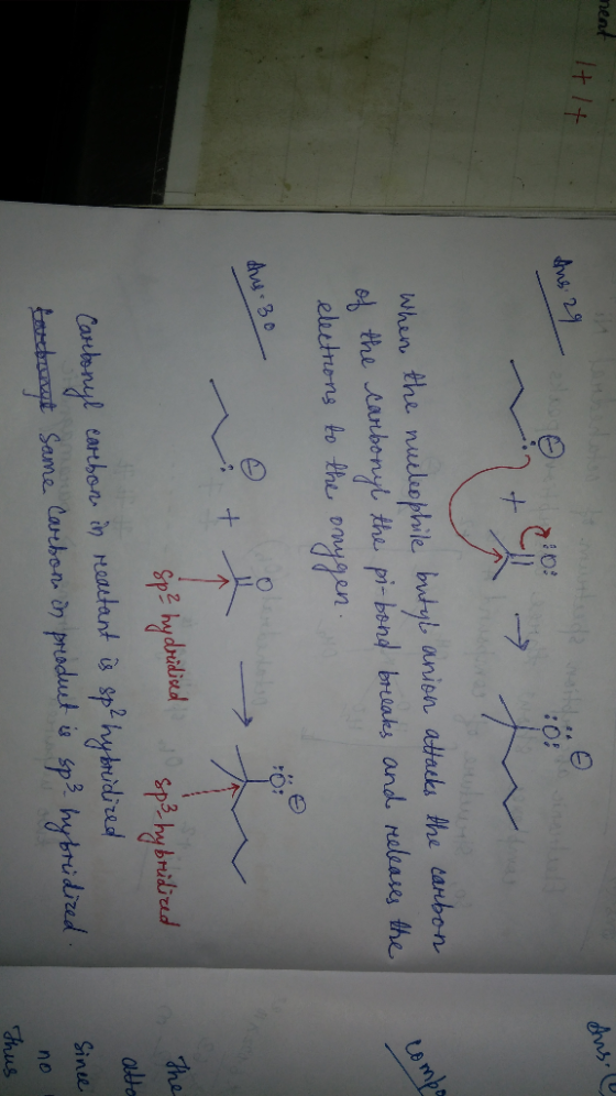 neat it shus. it Aus 29 compa When the nucleophile butyl anion attacks the carbon of the carbonyl the pi-bond breaks and rele