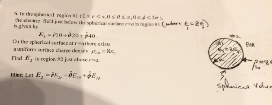 6. In the spherical region #1 (0 r a, 0 θ π ,0 φ 2π ), the electric field just below the spherical surface r-din region # i (where espe ) is given by E,,10+ 20 + ф40 . Gue On the spherical surface at r -a there exists a uniform surface charge density Pso 8 Find 52 in region #2 just above r a. Hint: Let E,EE+0E2,