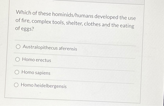 Which of these hominids/humans developed the use of fire, complex tools, shelter, clothes and the eating of eggs? O Australop