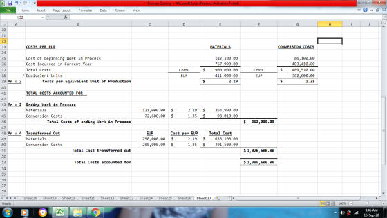 х XI - 9- Process Costing - Microsoft Excel (Product Activation Failed) File Home Insert Page Layout Formulas Data Review Vie