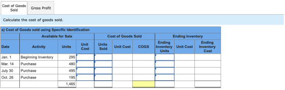 Cost of Goods Sold Gross Profit Calculate the cost of goods sold. a) Cost of Goods sold using Specific Identification Availab