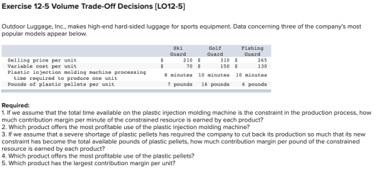 Exercise 12-5 Volume Trade-Off Decisions (LO12-5) Outdoor Luggage, Inc., makes high-end hard-sided luggage for sports equipme