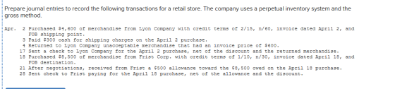 Prepare journal entries to record the following transactions for a retail store. The company uses a perpetual inventory syste