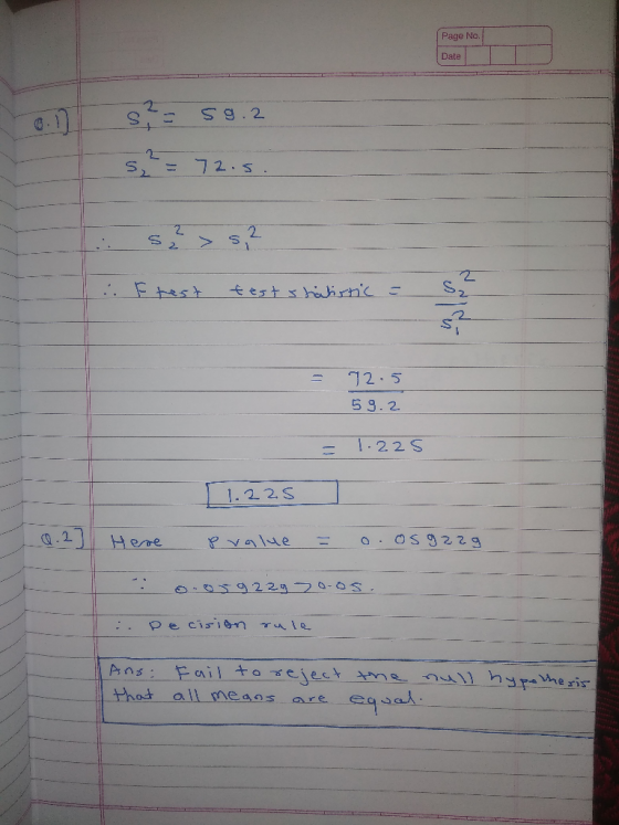 Page No. Date Sg.2 = 72.5. :. Ftest test shahrtic = NI = 12.5 59.2 - 1.225 [1.225 Here P value = o.osgaza o-059229 > 0.05. T: