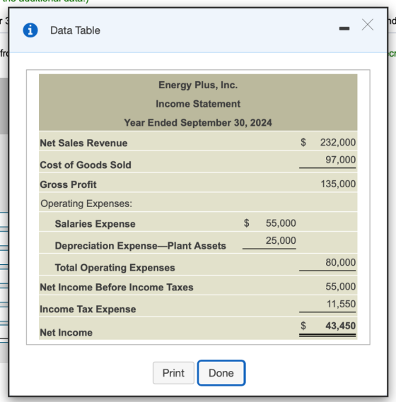 r i X Х na Data Table frd Сг Energy Plus, Inc. Income Statement Year Ended September 30, 2024 Net Sales Revenue $ 232,000 97,
