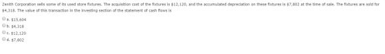 Zenith Corporation sells some of its used store fixtures. The acquisition cost of the fixtures is $12,120, and the accumulate