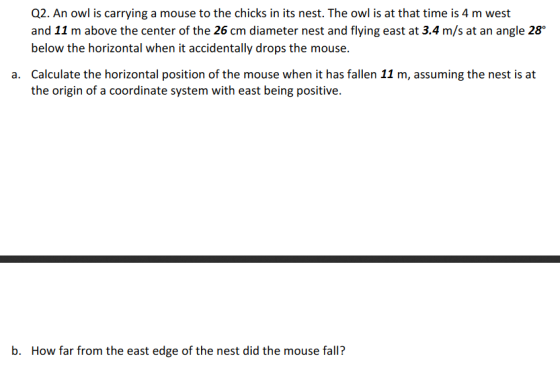Q2. An owl is carrying a mouse to the chicks in its nest. The owl is at that time is 4 m west and 11 m above the center of th