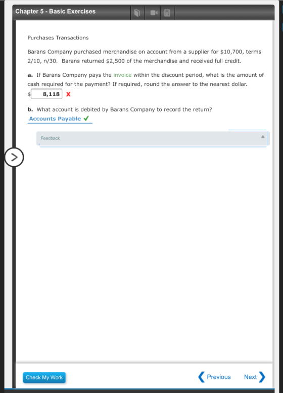 Chapter 5 - Basic Exercises Purchases Transactions Barans Company purchased merchandise on account from a supplier for $10,70