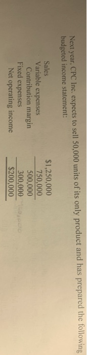 Next year. CPC Inc. expects to sell 50,000 units of its only product and has prepared the following budgeted income statement