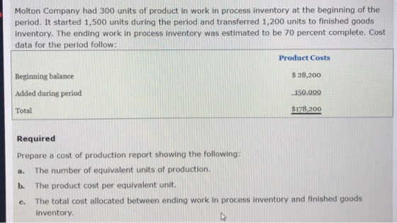 Molton Company had 300 units of product in work in process inventory at the beginning of the period. It started 1,500 units d