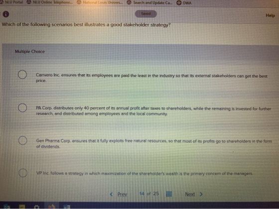 NEU Portal NLU Online Telephone National Louis Univers.. Search and Update Co. OWA Sarved Help Which of the following scenari
