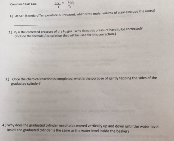 Combined Gas Law: PV = P_V2 1.) At STP (Standard Temperature & Pressure), what is the molar volume of a gas (include the unit