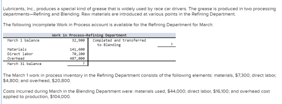 Lubricants, Inc., produces a special kind of grease that is widely used by race car drivers. The grease is produced in two pr