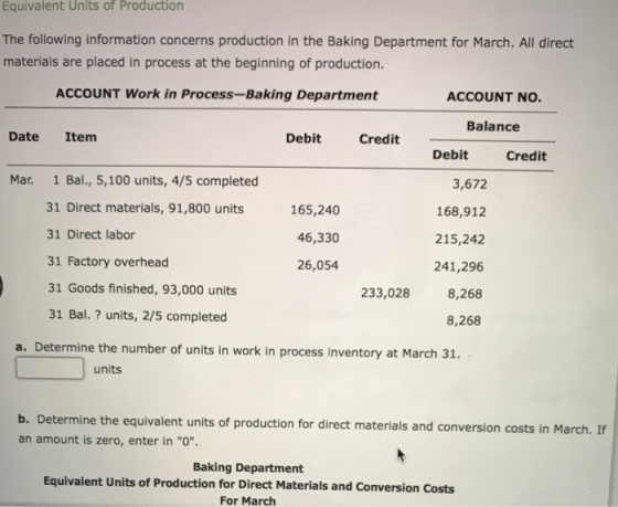 Equivalent Units of Production The following information concerns production in the Baking Department for March. All direct m