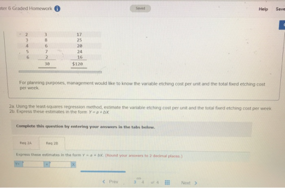 ter 6 Graded Homework Help Save UN NOW 24 16 $120 For planning purposes, management would like to know the variable etching c