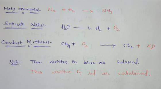 Make ammonia. No et H₂ - NH₃ Seperate Wates H x H₂ + O2 Combust Methanes - City + x CO₂ + H₂O Note: blue are balanced, Those