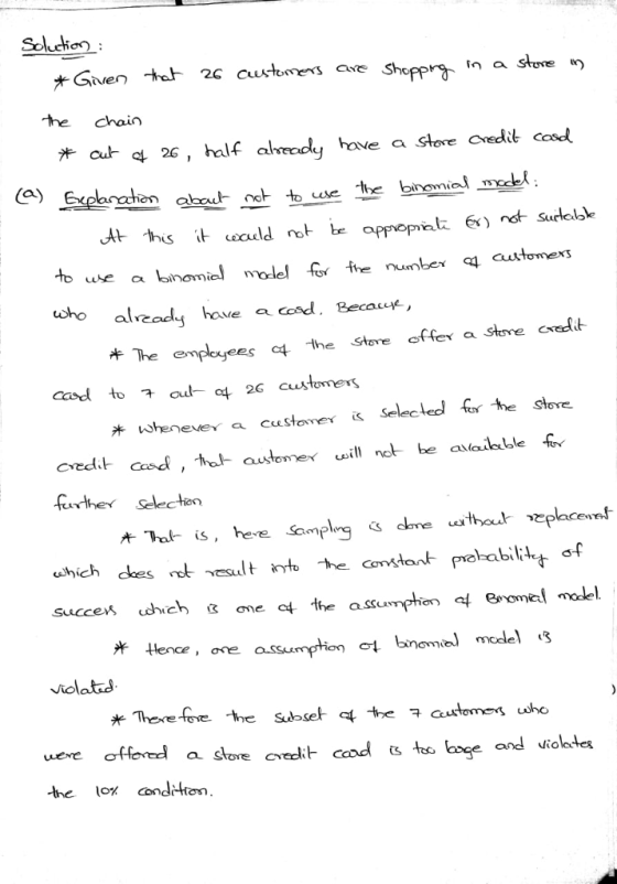 Souelion Given 2c customers are Sho the chain uo 26, half aldy hove a store edit cod Ah ecd not *The employees at cuustomers Seleced fi the stove 卉whenever a customer is furlhe selecten Sam 卉Hence, ore assumption c bnomm) model (3 iolatad uere cfed a and Jiolaes he o cond-tion