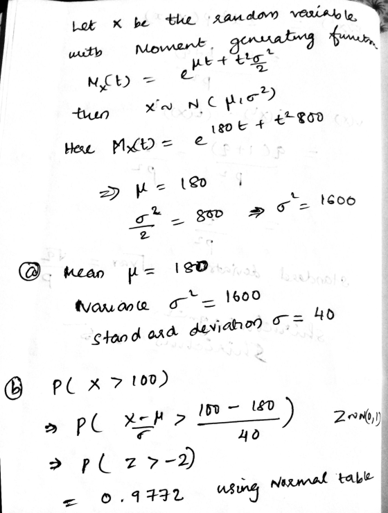 het x be the with moment randons variable generating funetan eMt + tora Myct) = then xo NCMO2) Here MxCt) - € 180€ + t2800 =