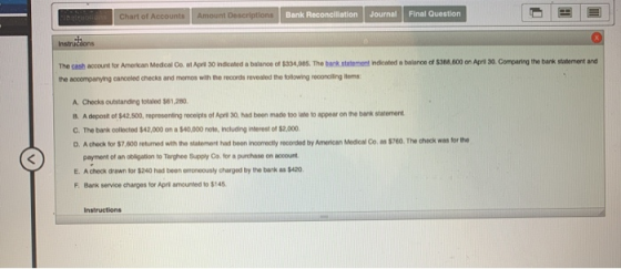 Chart of Accounts Amount Descriptions Bank Reconciliation Journal Final Question Instructions The cash account for American M