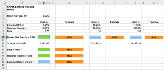 E F G H I J K CAPM, portfolio risk, and return Risk-Free Rate, rRF 5.50% Formula Formula Formula 6 Expected Retur Standard De
