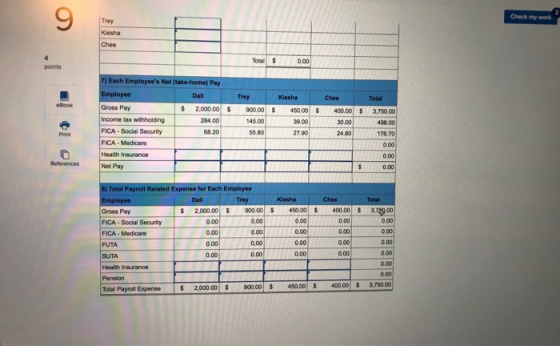 9 Check my work Trey Total0.00 points 7) Each Employees Net (take-home) Pay Chee Total Gross Pay $ 2,000.00 s 284.00 90000|$ 450 001 s 400.00|$ 375000 Aincome tax withholding 45.00 39.00 30.00 FICA Social Security FICA Medicare Health Insurance 498.00 176.70 0.00 68.20 1 55.00 27.90 24.80 References Net Pay 8) Total Payroll Related Expense for Each E $ 2,000.00|$ 900 00|$ 450.00|$ 400.00-3, .00 Gross Pay FICA- Social Security FICA - Medicare FUTA 0.00 0.00 0.00 0.00 0.00 0.00 0.00 0.00 0.00 0.00 0.00 0.00 0.00 o.c0 Health Insurance Pension Total Payroll Expense2000.00 0.00 0.00 40.00400.00 s 3,75000 900.00