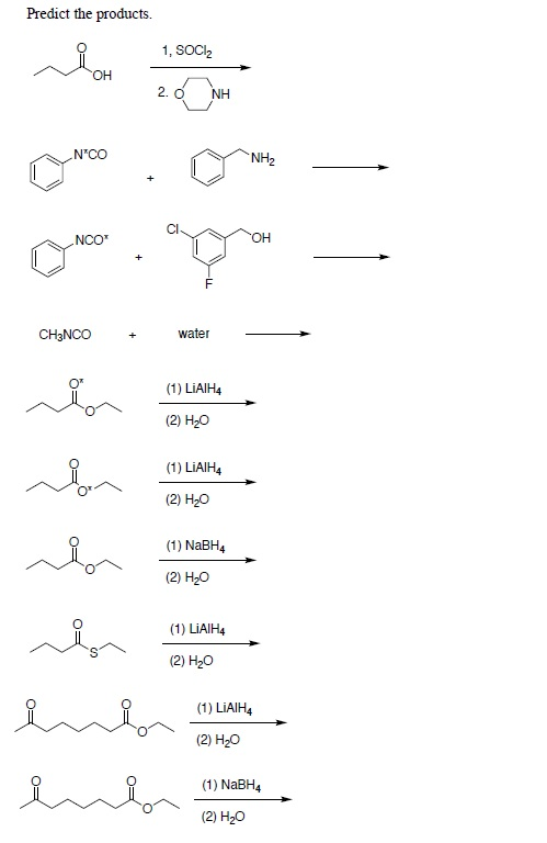 Predict the products. 1, SOCI NCO NH2 CH3NCO + water (1) LiAIH4 (2) H20 (1) LiAIH4 (2) H20 (1) NaBH4 (2) H20 (1) LiAlH4 (1)