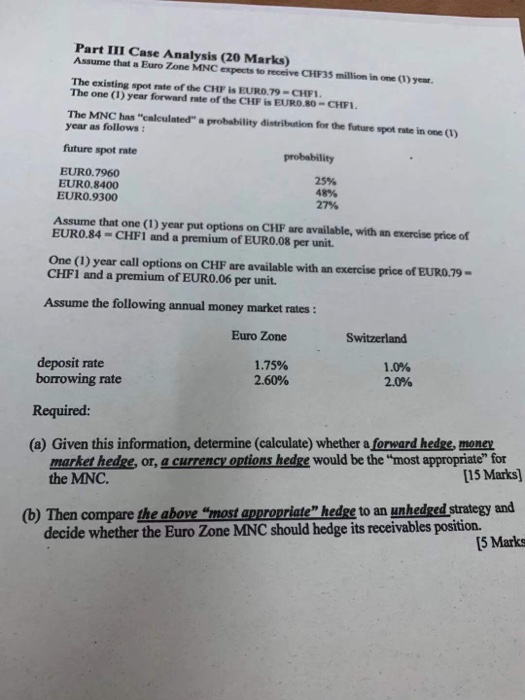 Part III Case Analysis (20 Marks) Assume that a Euro Zone MNC expects to receive CHF 35 million in one (1) year. The existing