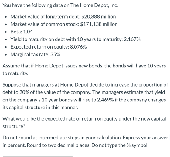 You have the following data on The Home Depot, Inc. Market value of long-term debt: $20,888 million Market value of common st