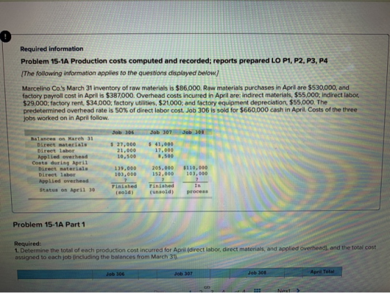 Required information Problem 15-1A Production costs computed and recorded; reports prepared LO P1, P2, P3, P4 [The following