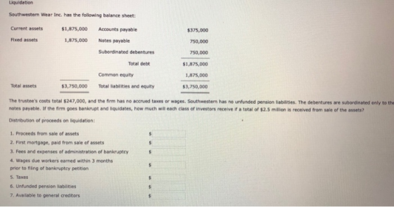 Liquidation Southwestern Wear Inc. has the following balance sheet: Current assets $1,875,000 Accounts payable $375,000 Fixed
