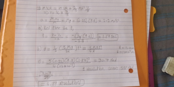 3 MVR = MUR + 2 MP3 =) V = V X Z a = Mmg - Mg = 60.22) (9.8) = 2.2M/S² a Let time be te t- VVO - - 69.2) Elola sec 16] e = t