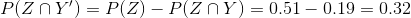 P(Z\cap Y') = P(Z) - P(Z\cap Y)=0.51-0.19 =0.32