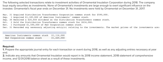 The following selected transactions relate to investment activities of Ornamental Insulation Corporation during 2018. The company buys equity securities as investments. None of Ornamentals investments are large enough to exert significant influence on the investee. Ornamentals fiscal year ends on December 31. No investments were held by Ornamental on December 31, 2017. Mar. 31 Acquired Distribution Transformers Corporation common stock for $590,000 Sep. Acquired $1,185,000 of American Instruments common stock Sep. 30 Received a $20,650 dividend on the Distribution Transformers common stock Oct. 2 Sold the Distribution Transformers common stock for $634,000 Nov. 1 Purchased $1,590,000 of M&D Corporation common stock Dec. 31 Recorded any necessary adjusting entry(s) relating to the investments. The market prices of the investments are American Instruments common stock $1,116,000 M&D Corporation common stock 1,669,000 Required 1. Prepare the appropriate journal entry for each transaction or event during 2018, as well as any adjusting entries necessary at year end. 2. Indicate any amounts that Ornamental Insulation would report in its 2018 income statement, 2018 statement of comprehensive income, and 12/31/2018 balance sheet as a result of these investments.
