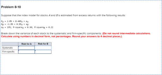 Problem 8-10 Suppose that the index model for stocks A and B is estimated from excess returns with the following results: ERA