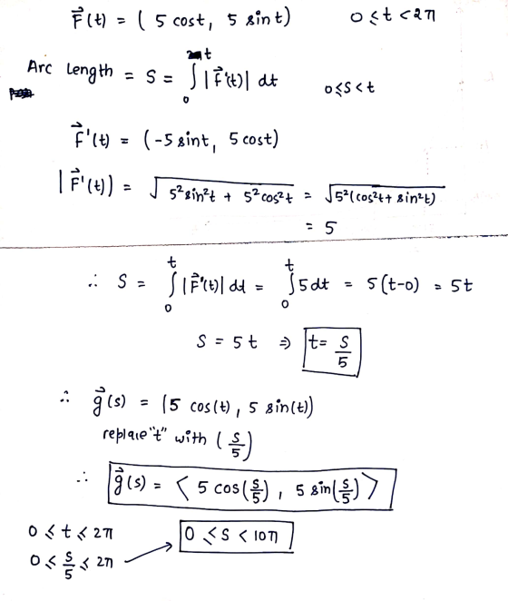 0<S<t () = ( 5 cost, 5 sint) Osteen Are Length = 5= Jiful at ogsct F(t) = (-5 sint, 5 cost) | F (t)) - J spein?t + 5?co52+