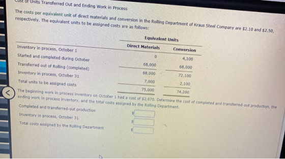 COSL or Units Transferred Out and Ending Work in Process The costs per equivalent unit of direct materials and conversion in