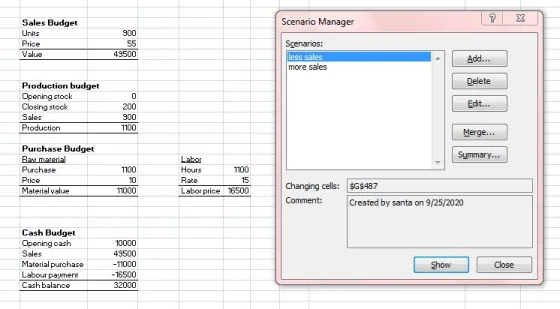Scenario Manager ? x Sales Budget Units Price Value 900 55 49500 Scenarios: less sales more sales Add... Delete Production bu