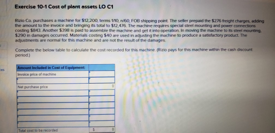 Exercise 10-1 Cost of plant assets LO C1 Rizio Co. purchases a machine for $12,200, terms 1/10, n/60, FOB shipping point. The