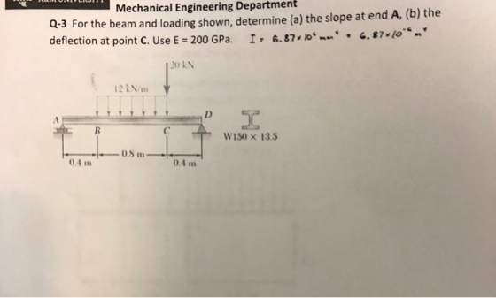 Mechanical Engineering Department Q-3 For the beam and loading shown, determine (a) the slope at end A, (b) the deflection at point C. Use E = 200 GPa. I 6.87s o‘ ·6,87x/ 20 kN 12 kNm W150 × 13.5 0.4 m inI 0.4 m