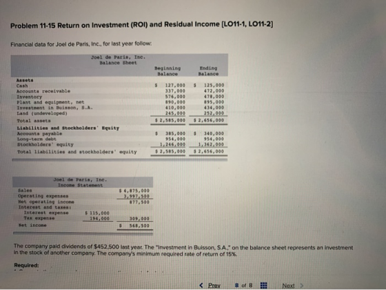 Problem 11-15 Return on Investment (ROI) and Residual Income (LO11-1, LO11-2) Financial data for Joel de Paris, Inc., for las