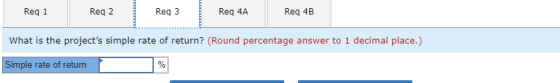 Reg 1 Reg 2 Reg 3 Req 4A Req 4B What is the projects simple rate of return? (Round percentage answer to 1 decimal place.) Si