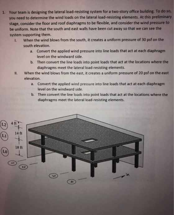 1. Your team is designing the lateral load-resisting system for a two-story office building. To do so, you need to determine