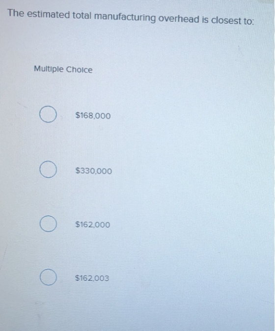 The estimated total manufacturing overhead is closest to: Multiple Choice Ο $168,000 Ο $330.000 Ο $162,000 Ο $162,003