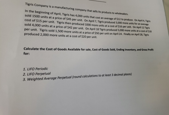 Tigris Company is a manufacturing company that sells its products to wholesalers. In the beginning of April, Tigris has 4,000