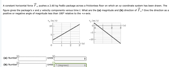 A constant horizontal force F a pushes a 2.60 kg FedEx package across a frictionless floor on which an xy coordinate system h