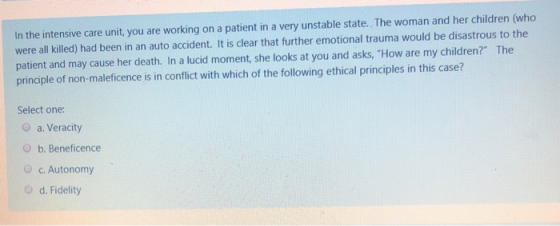 In the intensive care unit, you are working on a patient in a very unstable state. The woman and her children (who were all k